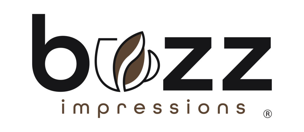 Buzz Impressions logo featuring a coffee bean and cup design with sleek black and brown typography.