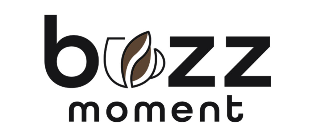 Buzz Moment logo featuring a coffee bean and cup design with bold black and brown typography.